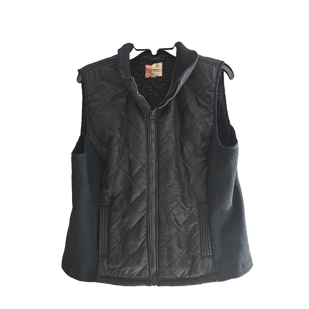 Ruff Hewn Black Faux Fur Zip Front Quilted Sleeveless Preppy Vest Womans Size XL